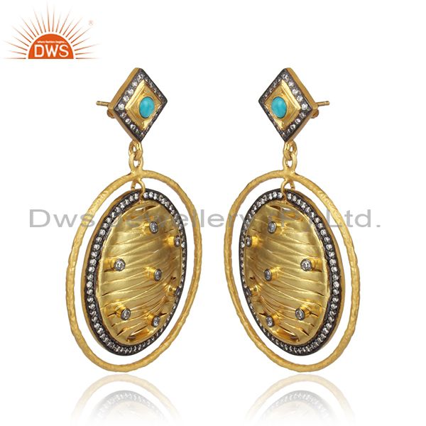 Cz And Arizona Turquoise Gold On Silver Round Dangle Earring