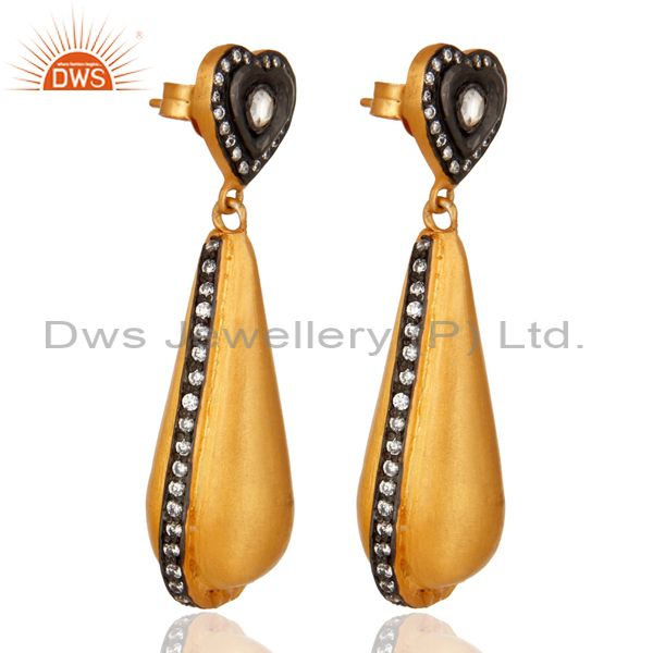 Exporter 925 Sterling Silver or Gold Plated Brushed Drop Dangle Earrings With CZ Accent