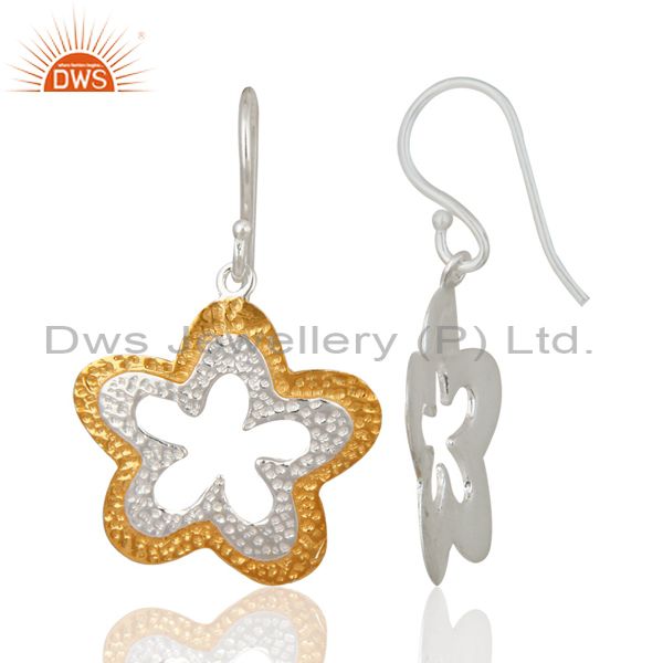 Exporter Hammered 925 Sterling Silver Filigree Flower Design 18k Plated Dangle Earrings