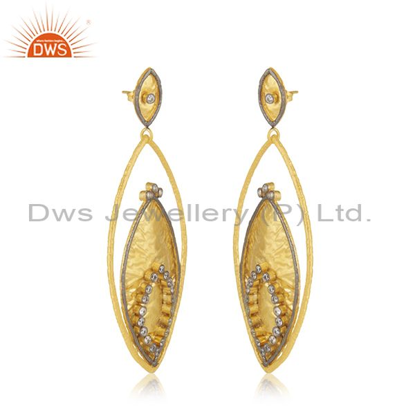 Exporter 24K Yellow Gold Plated Brass Cubic Zirconia Womens Fashion Dangle Earrings