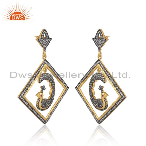 Exporter 18K Yellow Gold Plated Sterling Silver Cubic Zirconia Peacock Dangle Earrings