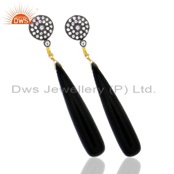 Exporter 22K Yellow Gold Plated Brass Black Onyx And Cubic Zirconia Dangle Earrings