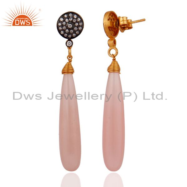 Exporter Gorgeous Gemstone CZ & Chacedony Teardrop Earrings in 24k Gold Over 925 Silver