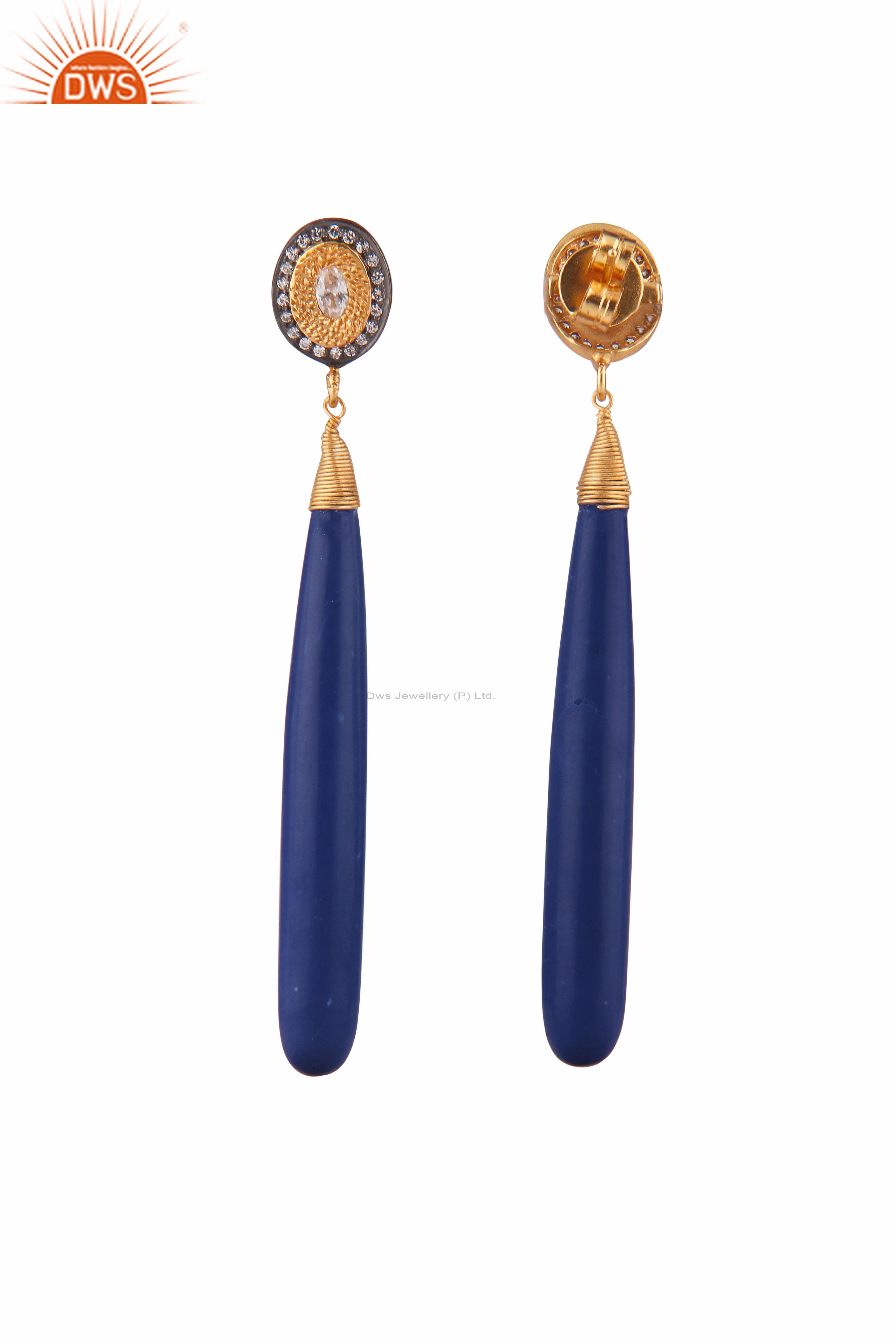 Exporter 22K Yellow Gold Plated Brass Lapis Lazuli Gemstone Smooth Dangle Earrings