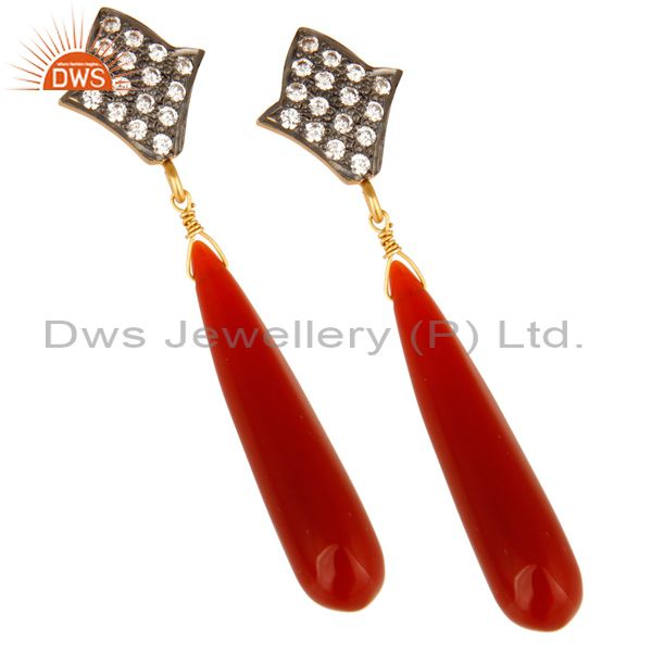 Exporter 14K Yellow Gold Plated Sterling Silver Red Onyx Drop Dangle Earrings With CZ