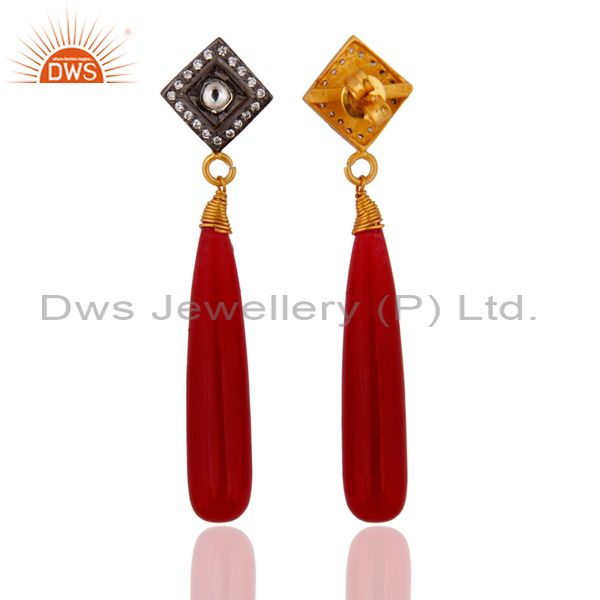 Exporter Natural Red Aventurine & Crystal Quartz 925 Silver Gold Plated Dangle Earrings