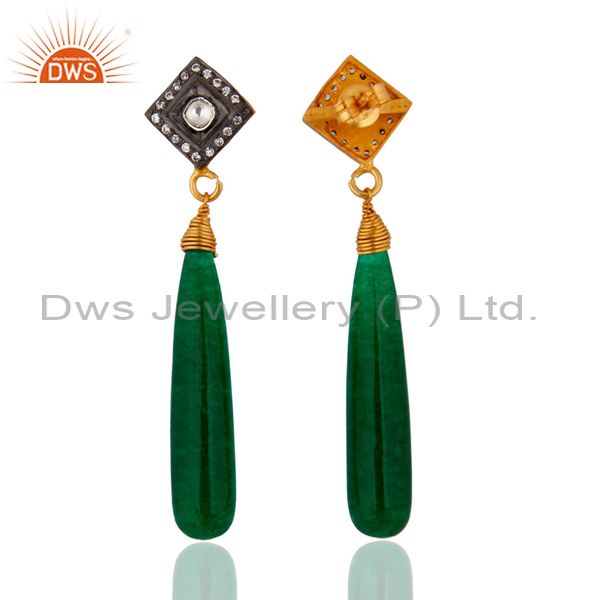 Exporter Dark Green Jade Teardrop Earrings Gold Plated Wire Wrapped 925 Silver Jewelry