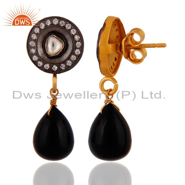 Exporter 18K Gold Over Sterling Silver Black Onyx & Crystal Polki Drop Dangle Earrings