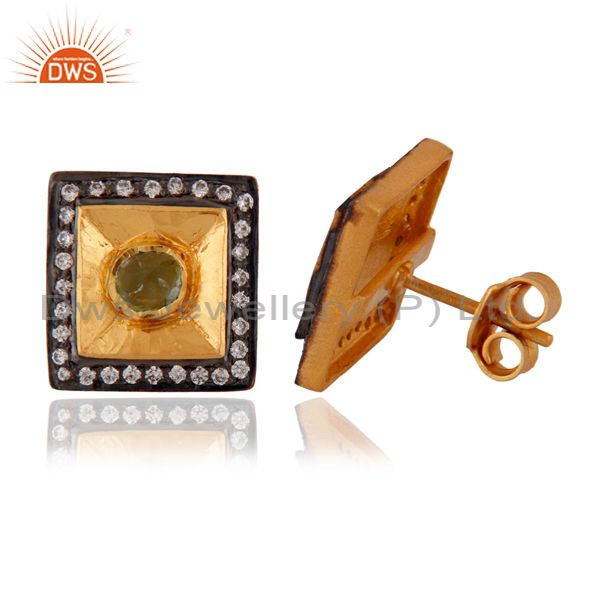 Exporter 18kt Yellow Gold Plated Sterling SIlver Tourmaline & Cubic Zirconia Stud Earring
