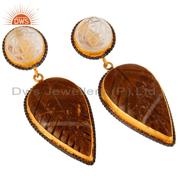 Exporter Gold Plated 925 Sterling Silver Carved Agate Gemstone & Crystal Carving Earrings