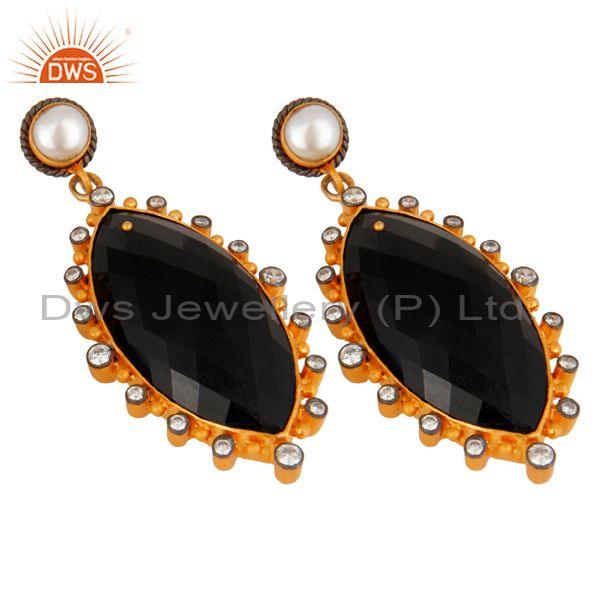 Exporter Natural Black Onyx Gemstone Gold Plated 925 Sterling Silver CZ Dangle Earrings