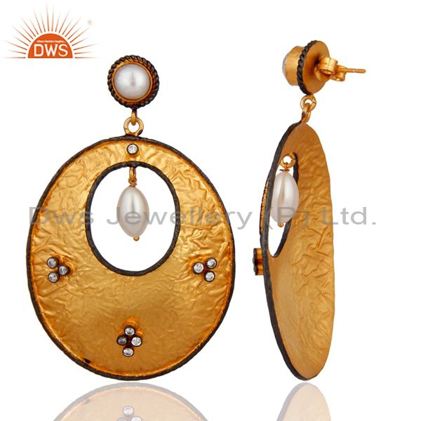 Exporter Genuine Pearl Drop 18K Gold Over 925 Sterling Silver Designer Dangle Earrings