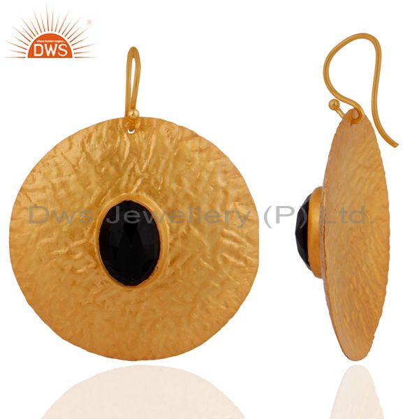Exporter Natural Black Onyx Gemstone Dangle Earring In Sterling Silver With 18k Gold Plat