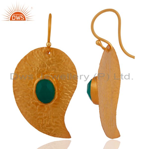 Exporter 22k Gold Plated 925 Sterling Silver Green Onyx Semi Precious Stone Earrings