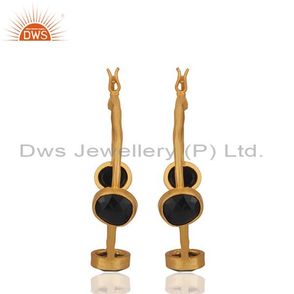 Exporter Black Onyx Gemstone Gold Plated Brass Fashion Hoop Earrings Supplier