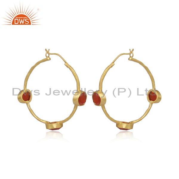 Red Onyx Set Gold On Sterling Silver Statement Hoop Earrings