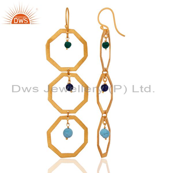 Exporter 18 K Gold Over 925 Sterling Silver Malachite Hexagon Dangle Earrings Jewelry