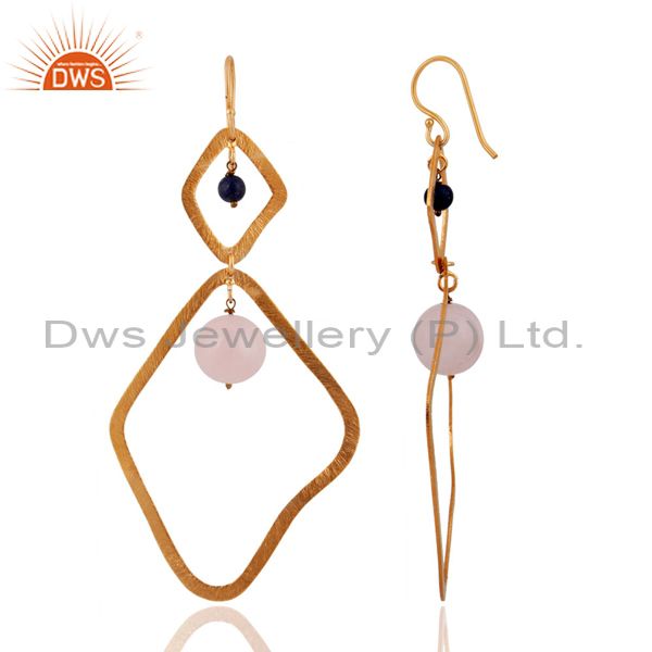 Exporter Rose Quartz & Lapis Sterling Silver Satin Finished Gold-Plated Hook Earrings