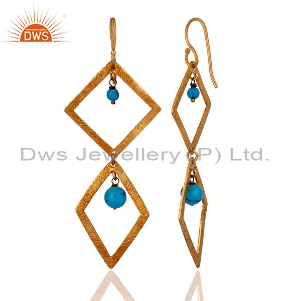 Exporter Handmade Turquoise Gemstone Earing In 22k Yellow Gold over 925 Sterling Silver