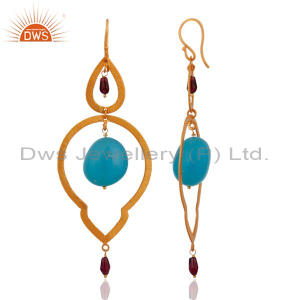 Exporter Blue Aqua Chalcedony 925 Sterling Silver 18k Gold Plated Satin Finish Earrings
