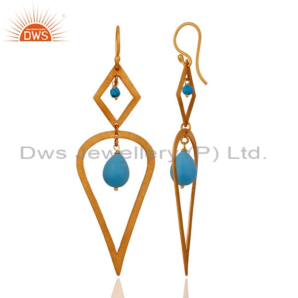 Exporter Designer Turquoise Gemstone 925 Sterling Silver 22k Gold Plated Dangle Earrings