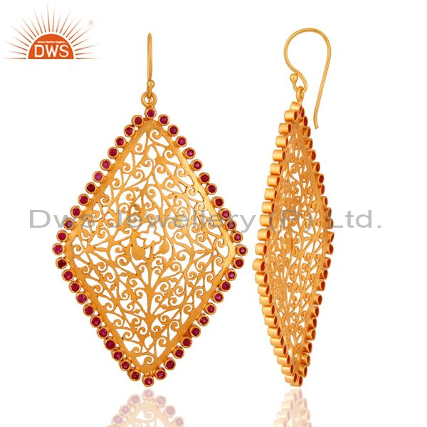Exporter 24K Gold Plated 925 Sterling Silver Filigree Design Earring With Ruby Gemstone