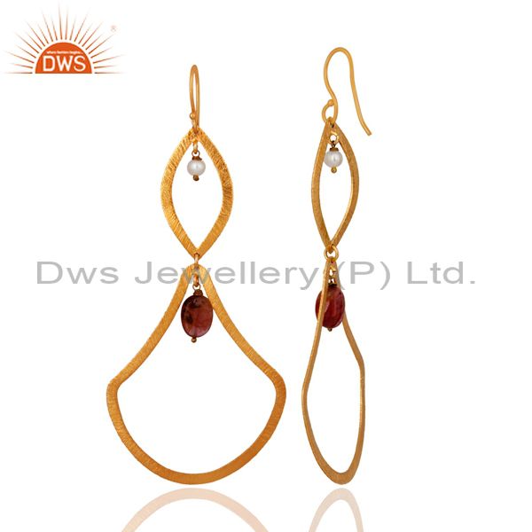 Exporter Unique Matte Brushed Gold Plated 925 Sterling Silver Tourmaline & Pearl Earrings