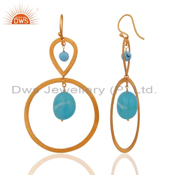 Exporter 24k Gold Plated 925 Sterling Silver Turquoise Gemstone Beads Circle Earrings