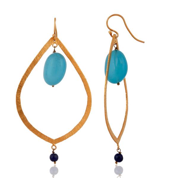 Exporter Satin Finsh 925 Sterling Silver Gold Plated Blue Aqua Chalcedony Drop Earrings
