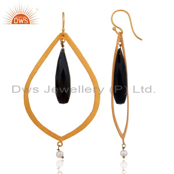 Exporter 925 Sterling Silver Gold Plated Brushed Black Onyx Faceted & Pearl Drop Earrings