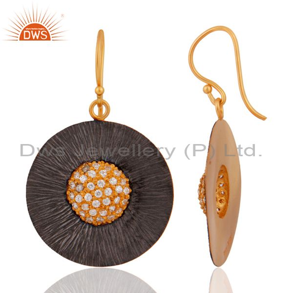 Exporter Yellow Gold Plated 925 Sterling SIlver Cubic Zirconia Disc Design Earrings