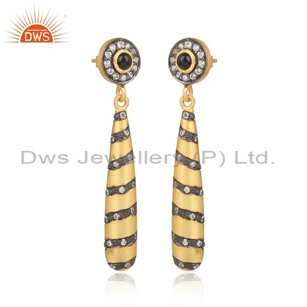 Cz And Black Onyx Gold On 925 Silver Designer Drop Earrings