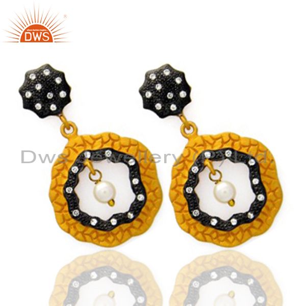 Exporter 18K Yellow Gold Plated Sterling Silver Pearl And Cubic Zirconia Designer Earring