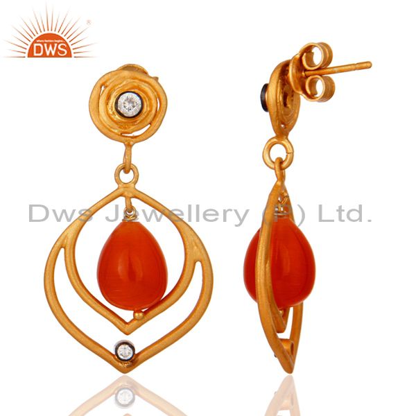 Exporter 925 Sterling Silver Natural Peach 18kt Gold Plated Gemstone Earrings With CZ