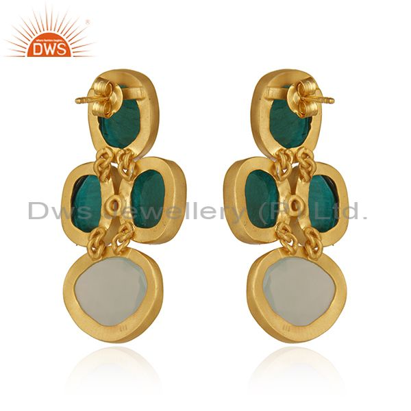 Exporter Handmade Chrysoprase And Aqua Chalcedony 18K Gold Plated Silver Earrings