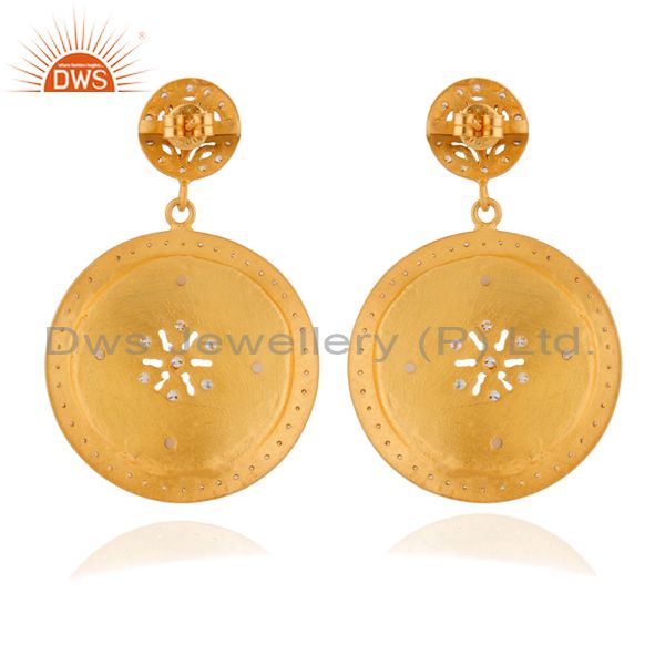 Exporter 22K Matte Yellow Gold Plated Silver Rose Chalcedony And CZ Disc Dangle Earrings