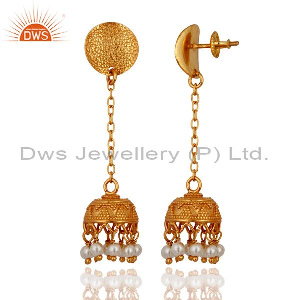 Exporter 925 Sterling Silver 18k Yellow Gold Plated Natural Pearl Designer Earrings