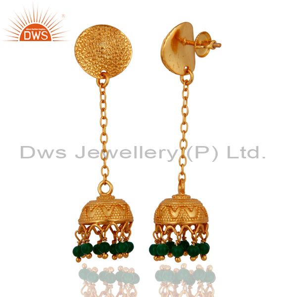 Exporter Emerald Green Onyx Sterling Silver 22k Gold Plated Indian Handmade Art Earrings