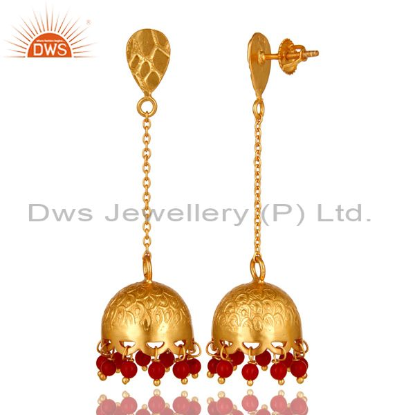 Exporter Designer Red Coral Gemstone 22K Gold Over 925 Silver Indian Style Jhumka Earring
