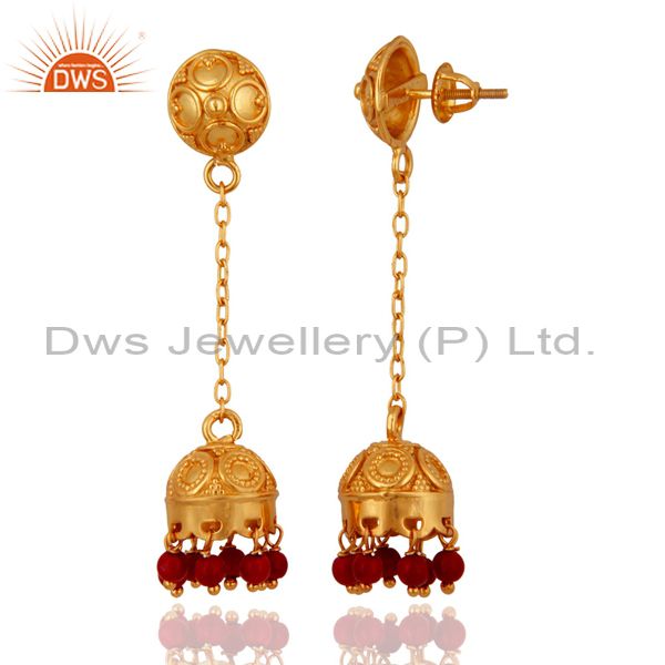 Exporter Natural Red Coral 18K Gold On 925 Sterling Silver Indian Jewelry Jhumka Earrings