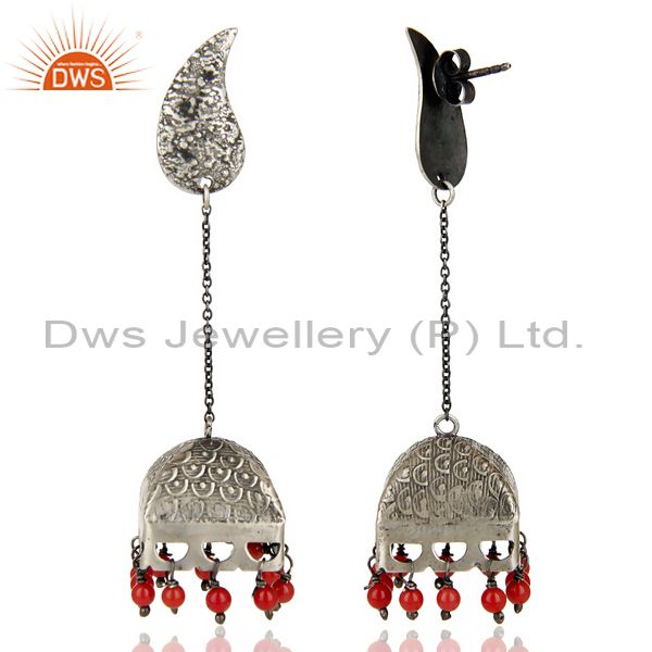 Exporter Black Oxidized 925 Sterling Silver Handmade Red Coral Jhumka Earrings Jewerly