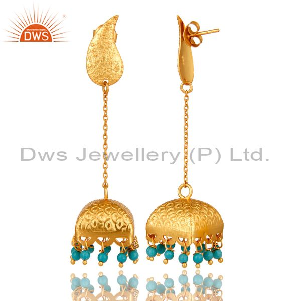 Exporter 22k Gold Plated 925 Sterling Silver Natural Turquoise Bridal Dangle Earrings