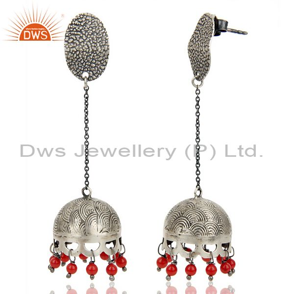 Exporter Black Oxidized 925 Sterling Silver Traditional Red Coral Gemstone Jhumka Earring