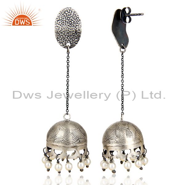 Exporter Black Oxidized 925 Sterling Silver Traditional Pearl Gemstone Jhumka Earrings