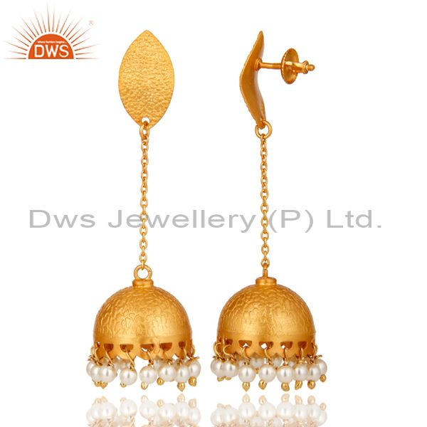 Exporter 22k Gold Over 925 Sterling Silver Natural Pearl Indian Bridal Dangle Earrings