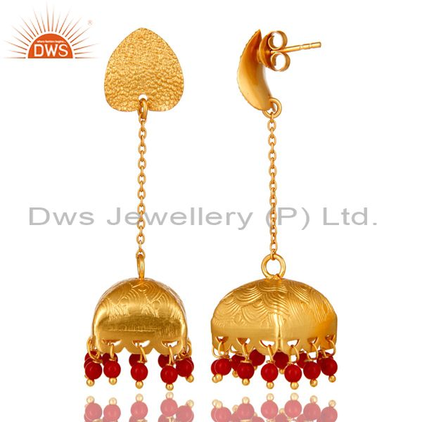 Exporter 18K Gold Plated 925 Sterling Silver Red Coral Traditional Fashion Jhumka Earring
