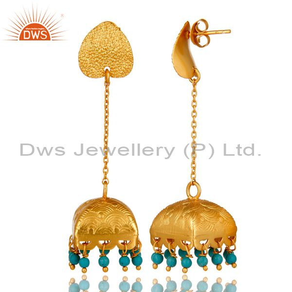 Exporter 18K Gold Plated Natural Turquoise Gemstone 925 Sterling Silver Chunky Earring