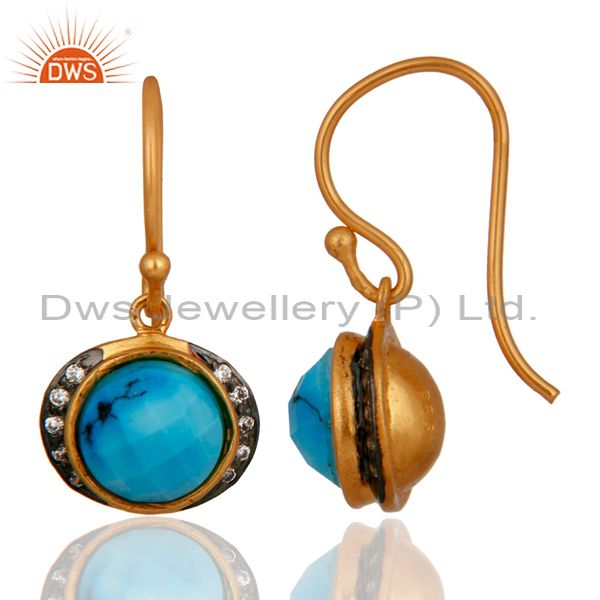Exporter 22K Yellow Gold Plated Silver Turquoise And CZ Womens Fashion Dangle Earrings