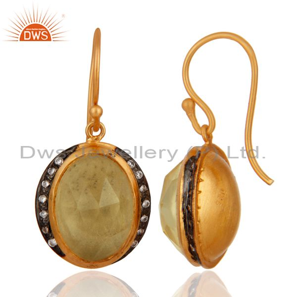 Exporter Natural Citrine Gemstone Gold Plated Sterling Silver Drop Earrings With CZ