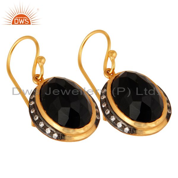 Exporter Faceted Black Onyx Gemstone Earrings Made In 18K Yellow Gold On Sterling Silver